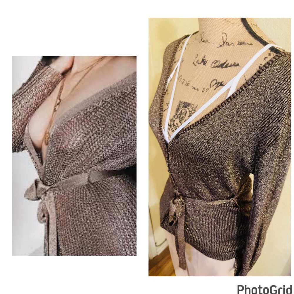 BCBG Max Azria Metallic Ribbed Knit Belted Top
